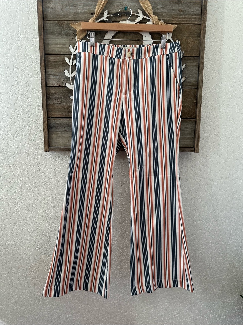 Anthropologie Striped Flared Pants in Navy, Rust & White size 8 NWT
